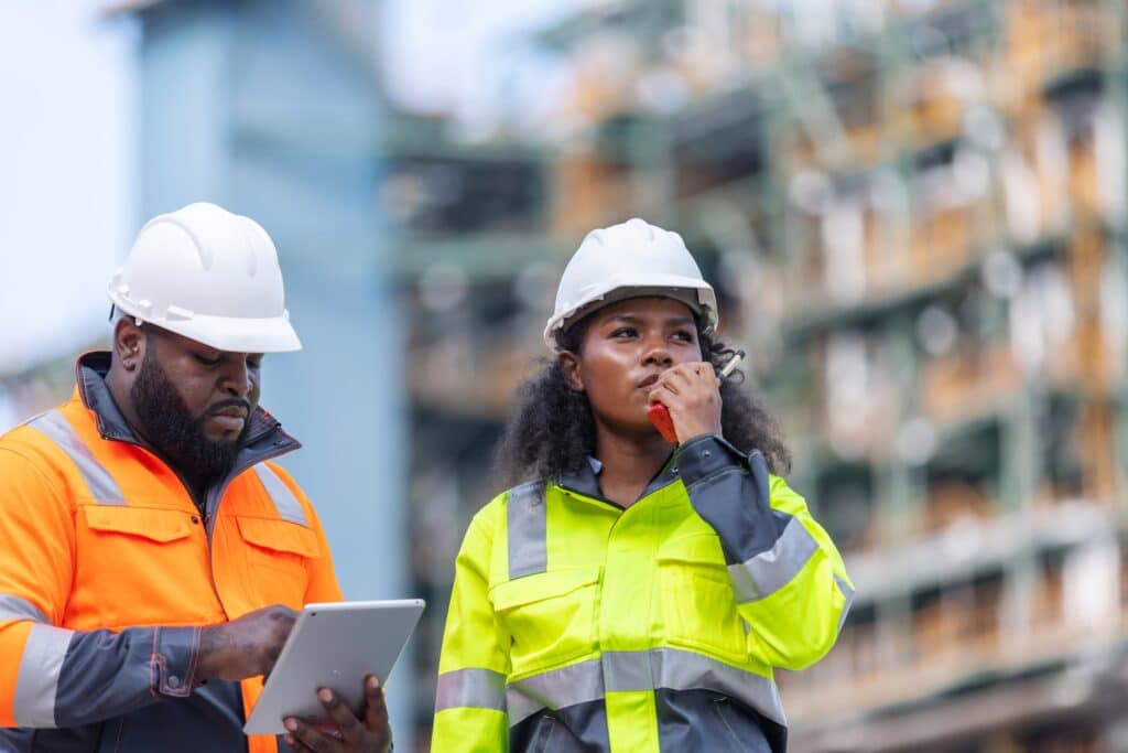 Two construction workers in safety jackets and helmets stand at a worksite; one is using a tablet for project management, while the other looks ahead thoughtfully with a pen near her mouth. A blurred industrial structure is in the background.