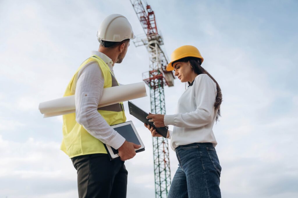 Two construction workers wearing hard hats stand outdoors at a job site. One holds blueprints and a tablet for change order tracking, while the other looks at a clipboard. A crane is visible in the background under a partly cloudy sky.
