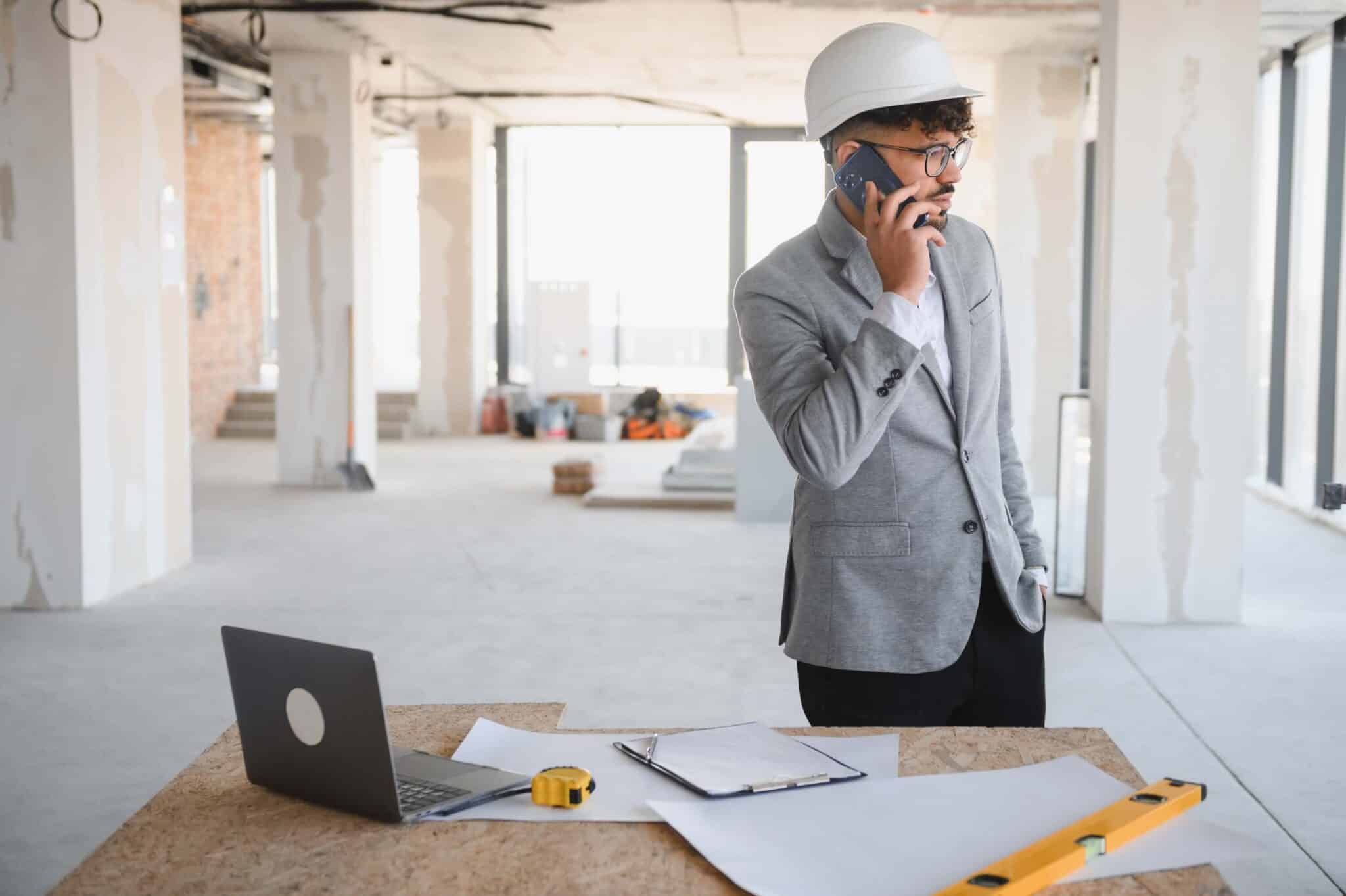 A man wearing a hard hat and suit jacket talks on his phone at a construction site. By his desk with a laptop running Replicon mobile time tracking software, clipboard, tape measure, and plans, he’s surrounded by unfinished walls and building materials.