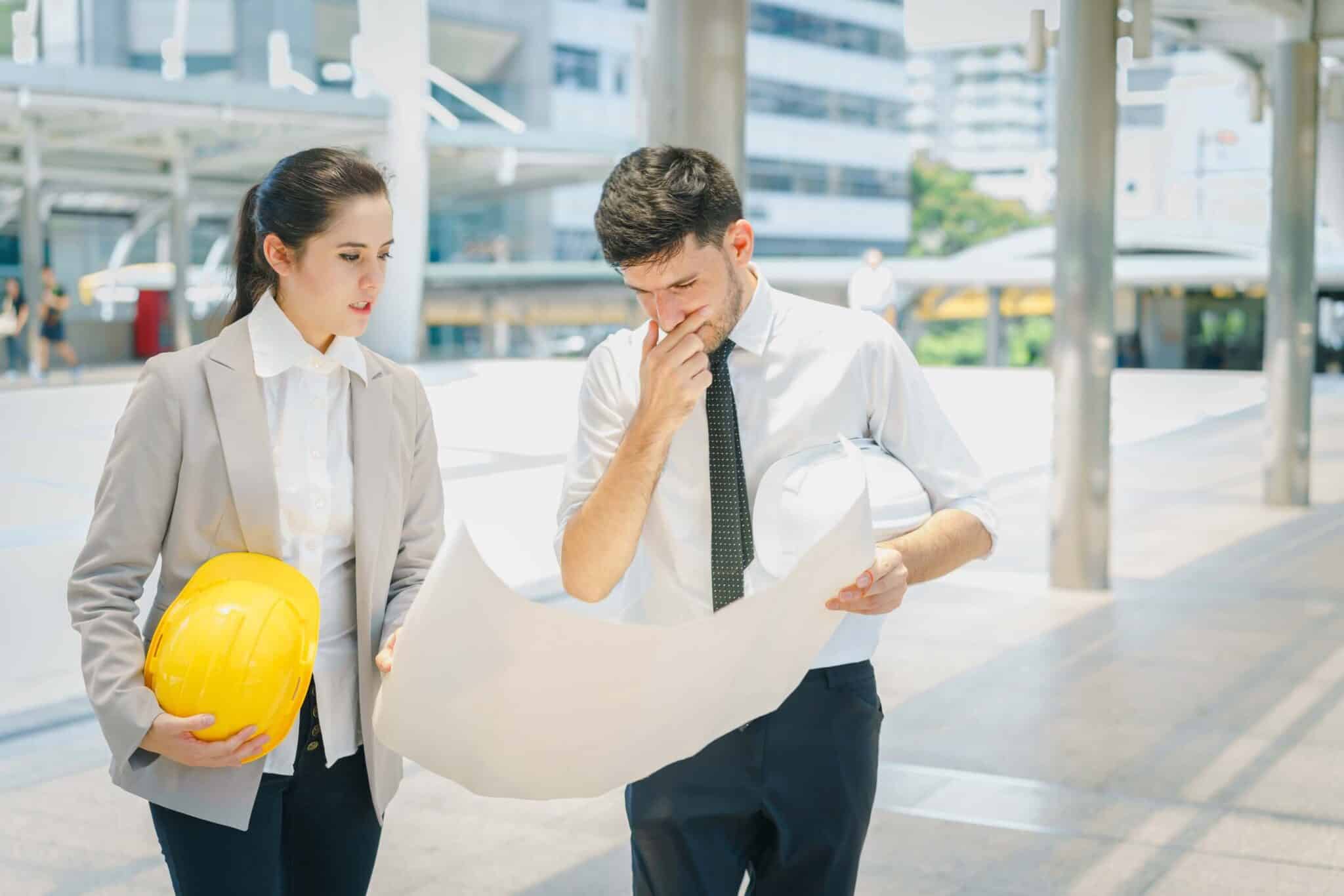 Two project managers in business attire—one holding a yellow safety helmet, the other a blueprint—stand outdoors in a modern urban setting, appearing to discuss project management challenges and why most projects are still late despite contingency planning.