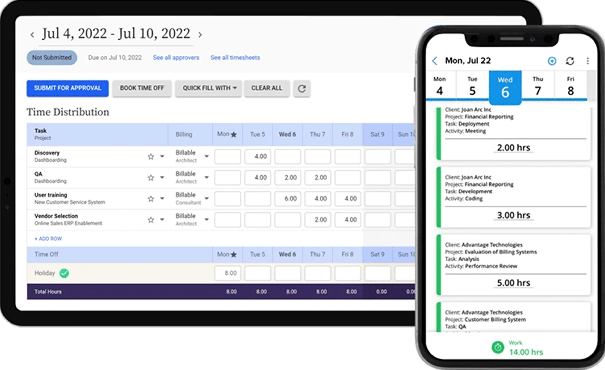 A tablet and smartphone display Deltek Replicon payroll time tracking software. The tablet shows a weekly timesheet with tasks, hours, and billing info; the phone displays daily logged work hours and task details for Wednesday, July 22.
