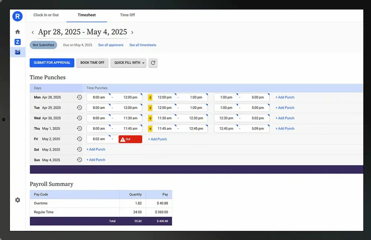 A digital timesheet using Deltek Replicon payroll time tracking software displays daily clock-in and clock-out times for April 28 to May 4, 2025, with colored alerts and a payroll summary showing total hours and earnings below.