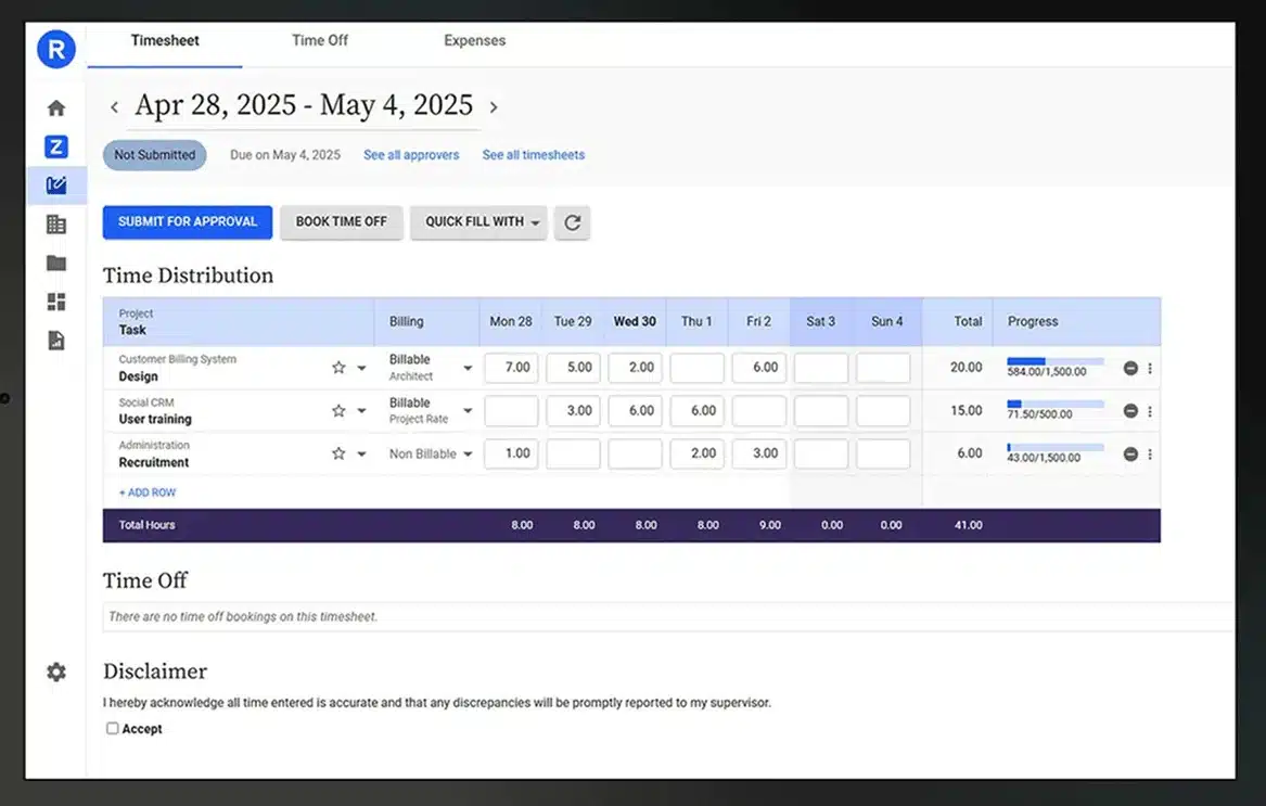 A digital timesheet entry form for April 28–May 4, 2025, showing hours worked on Design and Testing tasks each day, with fields for submitting, booking time off, and a weekly hours summary—powered by Replicon mobile time tracking software.