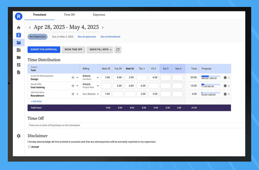 A digital timesheet interface displays work hours for various tasks from April 28 to May 4, 2025, with columns for each day, billing info, and progress bars. Project management features for time tracking and approval buttons are visible at the top.