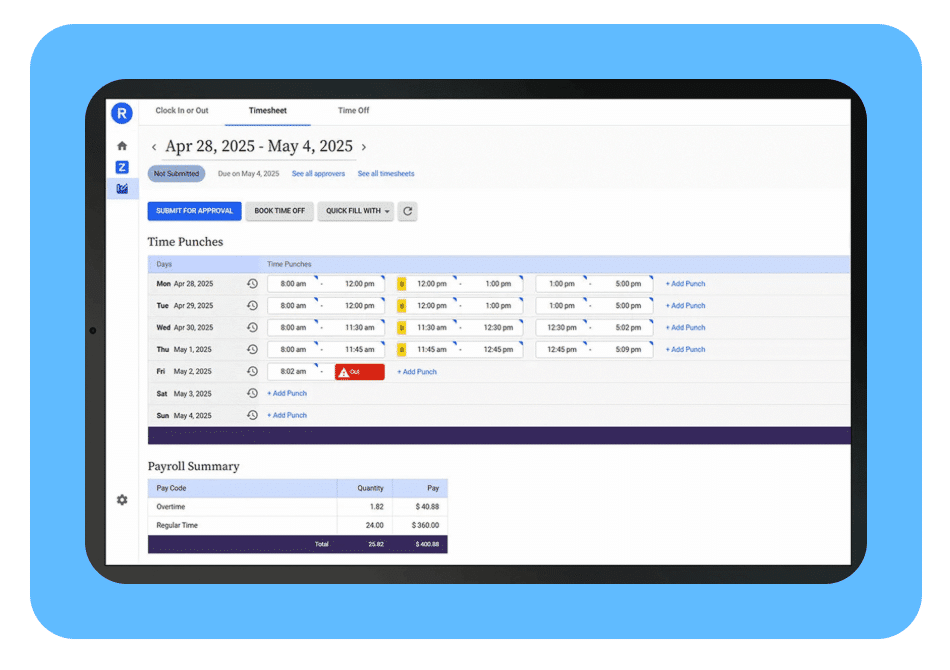 A tablet screen displays a digital timesheet for April 28 to May 4, 2025, featuring daily time tracking punches, alerts, and a payroll summary—all on a blue background.