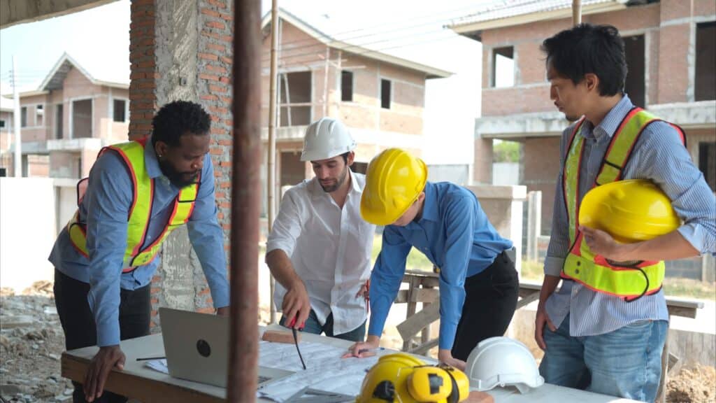 Four construction workers in safety vests and helmets review blueprints on a table at a building site, discussing details of the construction project, surrounded by partially constructed houses and equipment.