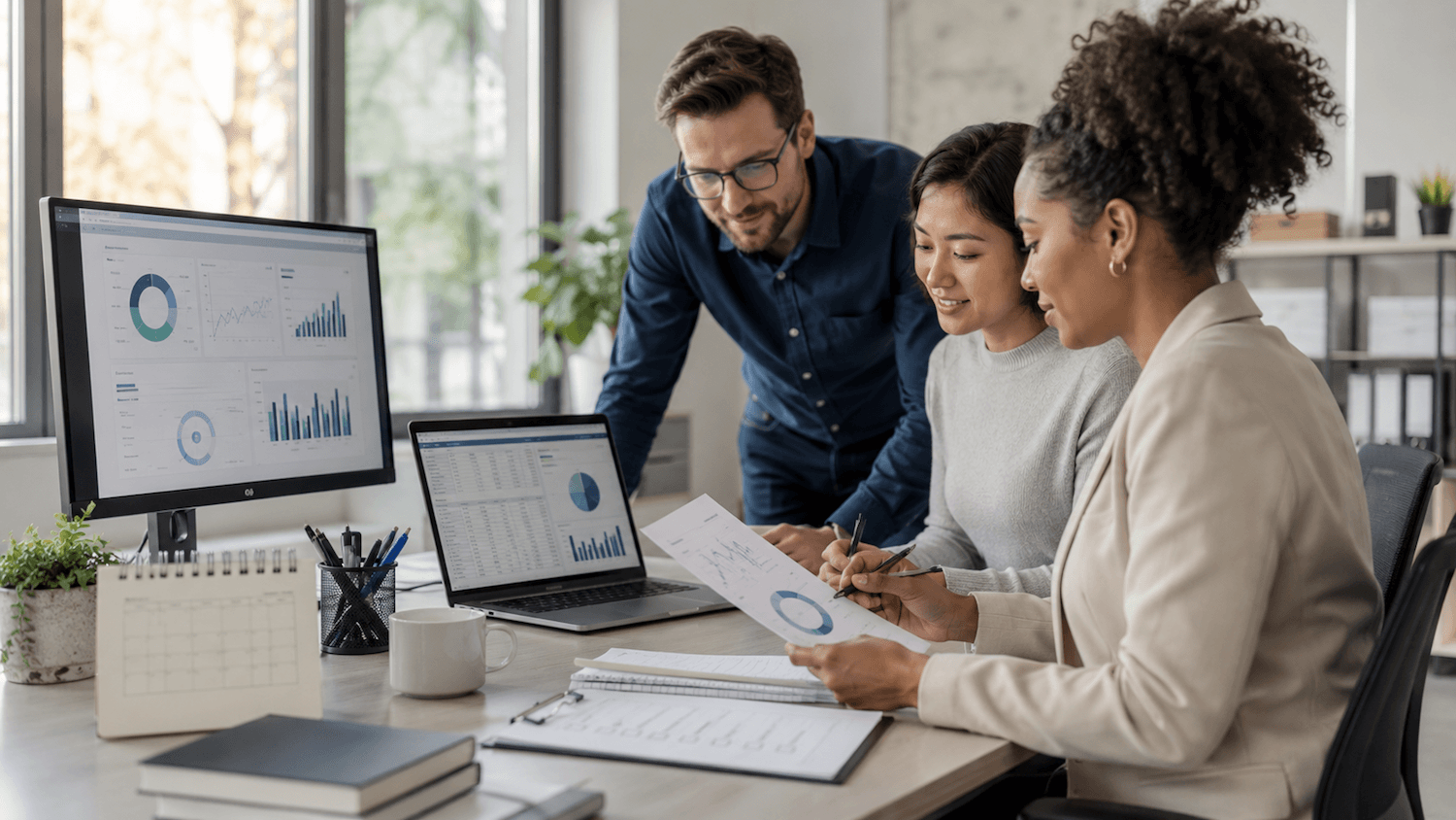 Three people work together at a desk with laptops, charts, and two monitors displaying data and graphs. Surrounded by papers and a calendar, the group is discussing nonprofit month end close processes and analyzing business information.
