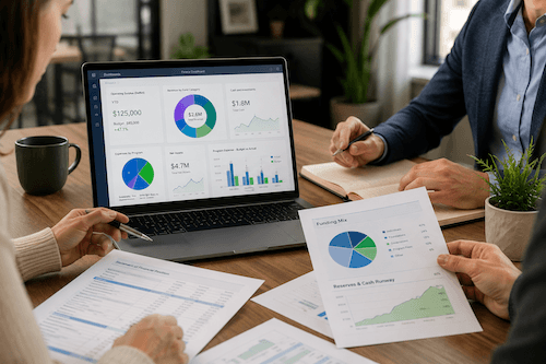 Three board members sit at a table reviewing financial charts and graphs on paper and a laptop, which displays data visualizations like pie charts, line graphs, and key figures for their nonprofit board report.
