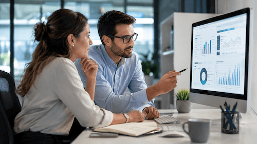 Two colleagues sit at a desk looking at data charts and graphs on a computer monitor, discussing how Sage Intacct can improve business processes. The workspace appears modern and professional.