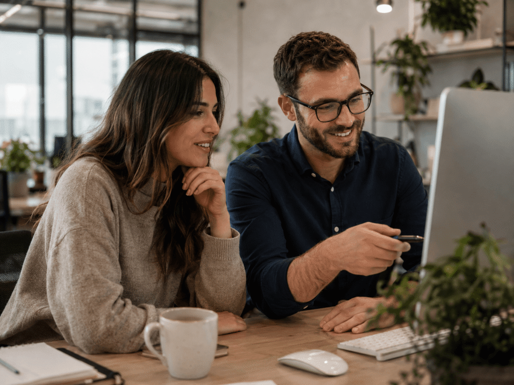 Two people sit at a desk in a modern office, smiling as they review direct labor costs on a computer screen. One points at the data; a coffee mug, notebook, and plants decorate the workspace.