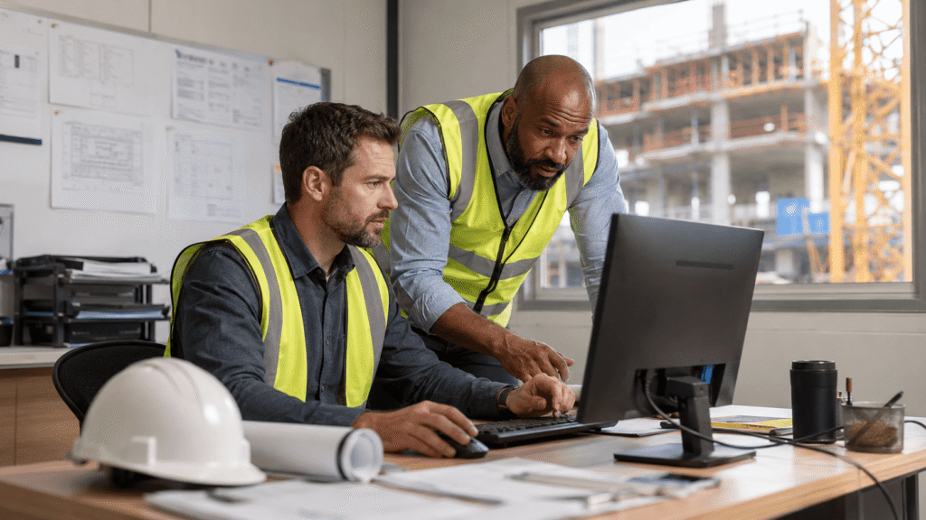 Two men in safety vests work at a computer in an office with construction plans and a hard hat on the desk. They collaborate closely, reviewing project details using Procore integrations to streamline their workflow. A building site is visible through the window behind them.