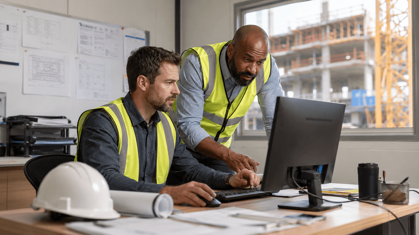Two men in safety vests work at a computer in an office with construction plans and a hard hat on the desk. They collaborate closely, reviewing project details using Procore integrations to streamline their workflow. A building site is visible through the window behind them.