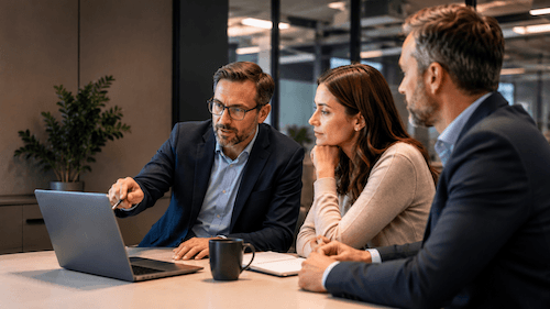 Three professionally dressed people sit at a table in an office, looking at a laptop screen while one man points at it, suggesting a discussion or a presentation about Deltek Vantagepoint implementation.