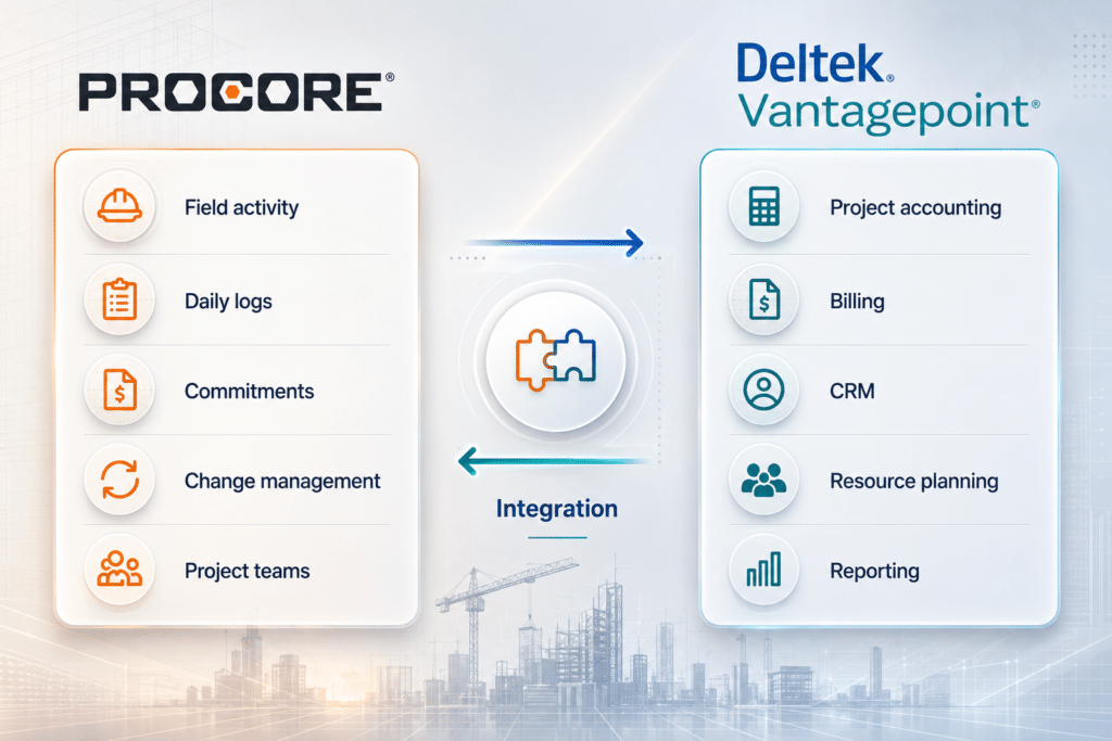 Infographic highlighting the integration between Procore’s project management platform and Deltek Vantagepoint. It lists features for each: Procore (field activity, daily logs, commitments, change management, project teams) and Deltek (project accounting, billing, CRM, resource planning, reporting), showcasing how powerful procore integrations enhance comprehensive project management workflows.
