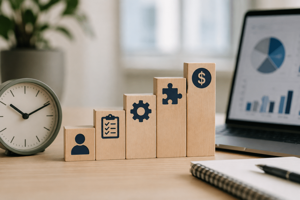 Wooden blocks with business icons form a rising bar graph on a desk, next to a clock, spiral notebook, and open laptop displaying financial charts—an ideal setting for analyzing replicon pricing or evaluating replicon timesheet pricing strategies.