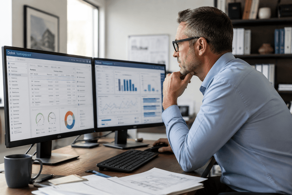 A man in glasses sits at a desk, analyzing data and charts on two computer monitors in an office. He reviews detailed Deltek Vantagepoint reports alongside other project insights. Papers, a keyboard, and a mouse are on the desk, while shelves and a window can be seen in the background.