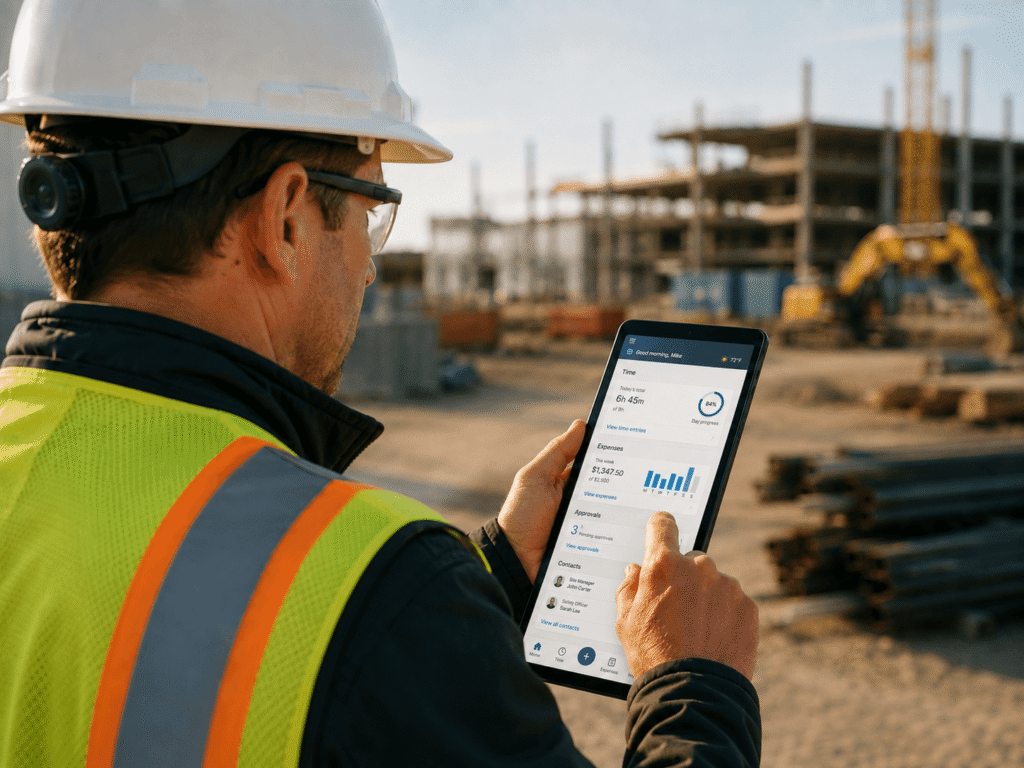 A construction worker in a hard hat and safety vest uses the Deltek Vantagepoint mobile app on a tablet to check data at a building site, with steel beams and machinery visible in the background.