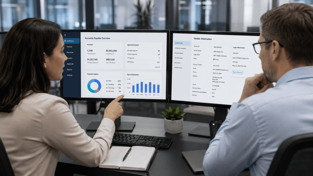 Two people sit at a desk looking at dual monitors displaying financial dashboards with charts, graphs, and vendor information powered by Beanworks by Quadient in a modern office setting. One person points at the screen while discussing data.