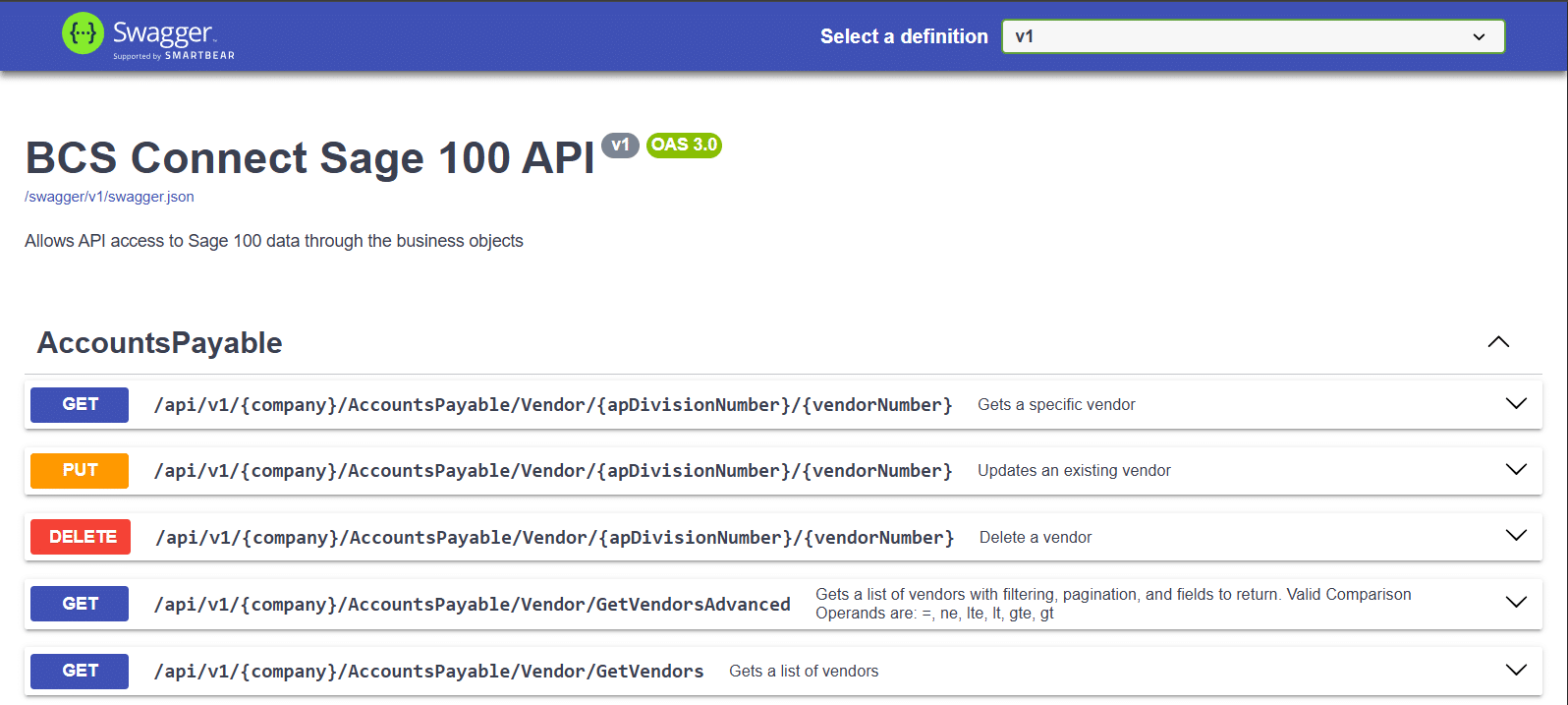 BCS ProSoft Connect Sage 100 API Swagger page listing Accounts Payable vendor endpoints