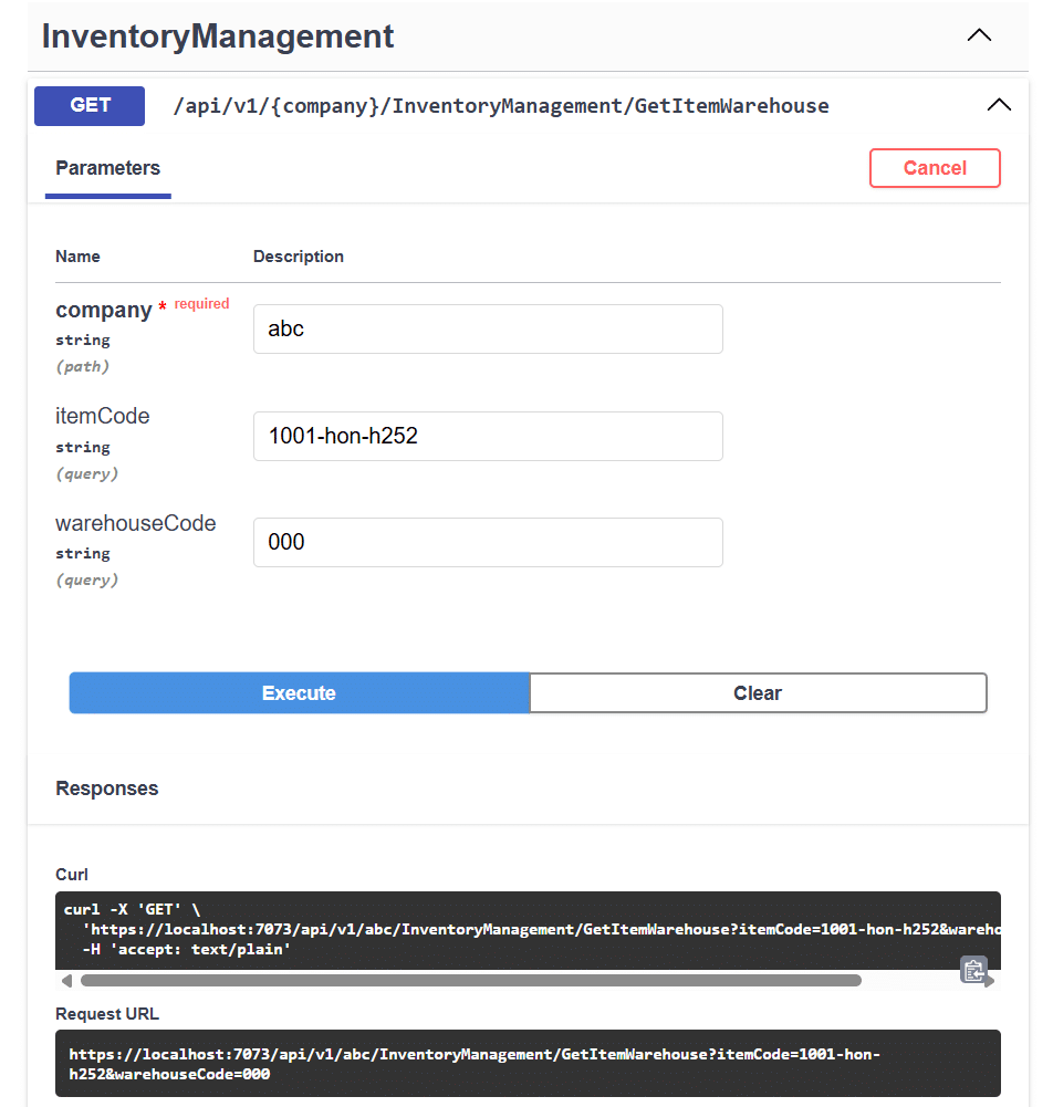 Inventory Management GetItemWarehouse request in the BCS ProSoft Connect Swagger UI