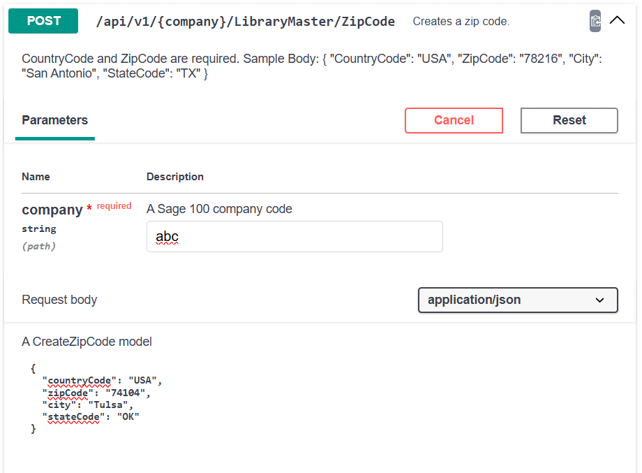Library Master create zip code request with JSON body in the BCS ProSoft Connect Swagger UI
