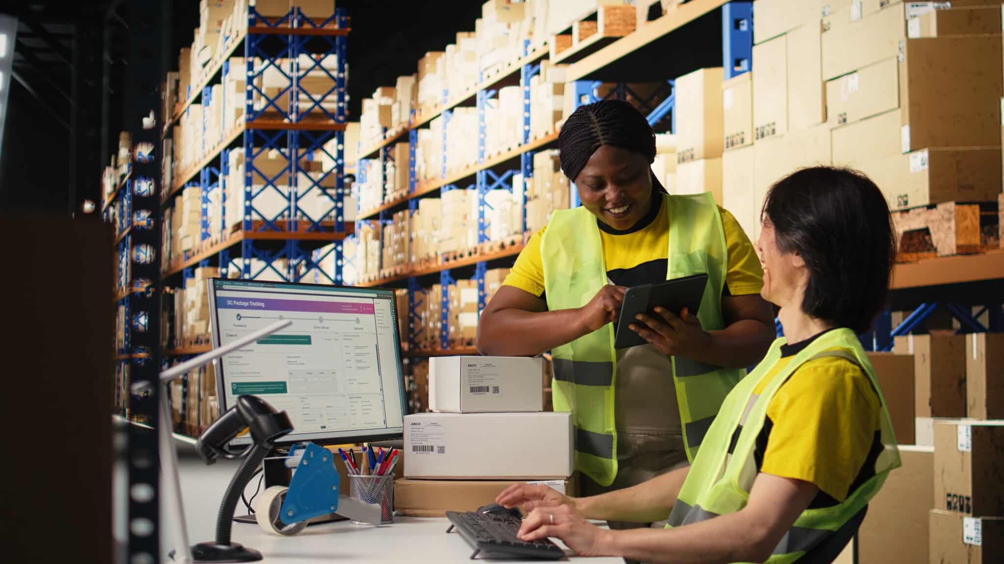 Two warehouse workers in yellow vests smile while using a tablet and computer at a desk, efficiently managing inventory with sage 100 warehouse management, surrounded by shelves full of boxes in a large storage facility.