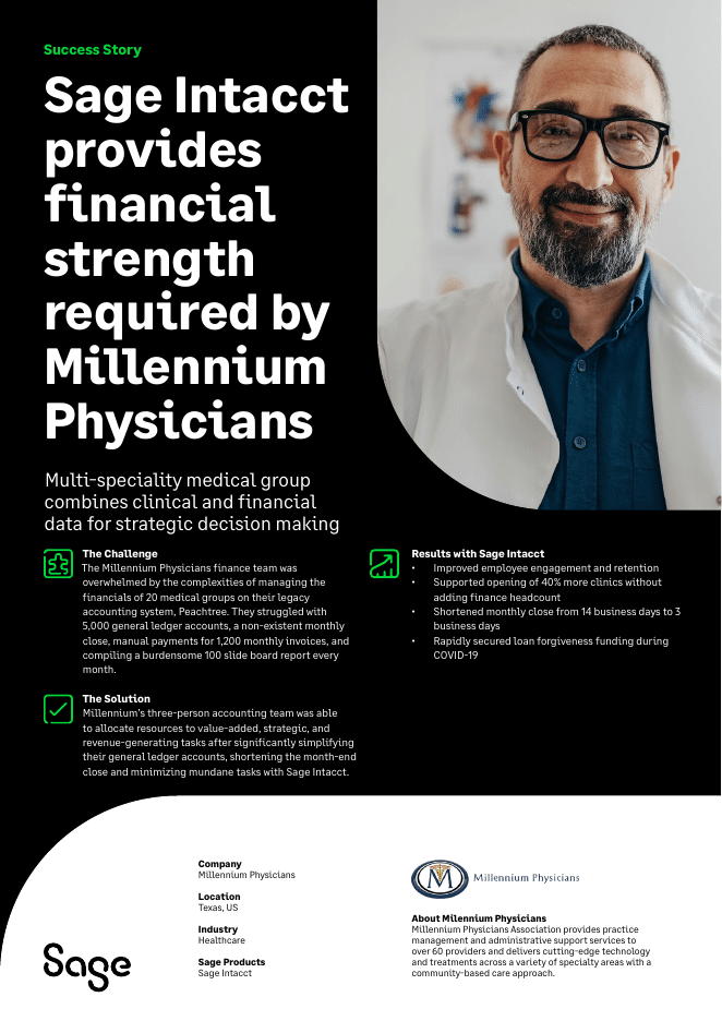 Success story infographic for Sage Intacct featuring a portrait of a doctor, descriptions of the challenge and solution for Millennium Physicians, key results, and company information.
